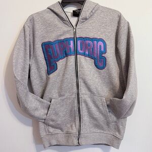 Euphoric 777 Unisex XL Full Zip Hoodie Gray Applique Logo Smiley Flower Hood